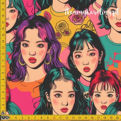 TKANINA WODOODPORNA OXFORD K-POP Dziewczyny, twarze - fioletowe, zielone i pomarańczowe fryzury w tłumie