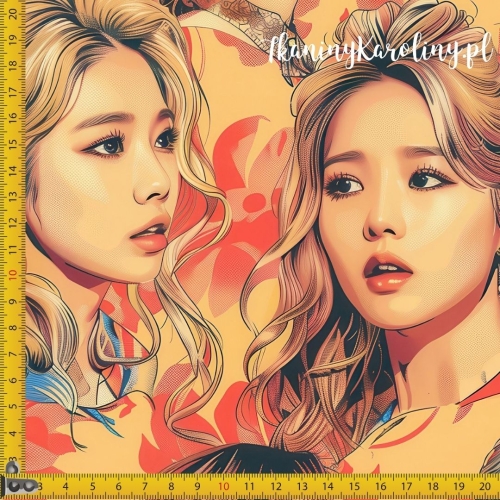 WELUR TAPICERSKI K-POP Dziewczyny, portrety na abstrakcyjnych kwiatowych wzorach, żółto-pomarańczowe tło