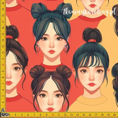 SOFTSHELL WODOODPORNY K-POP Dziewczyny w w koczkach na żółto-pomarańczowym tle
