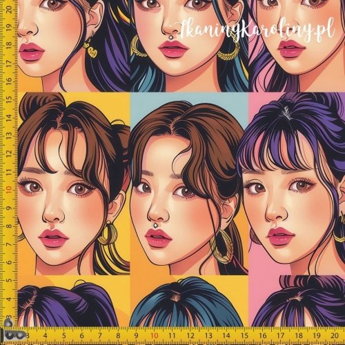 TKANINA WODOODPORNA OXFORD K-POP Dziewczyny na różnych kolorowych tłach w rzędach