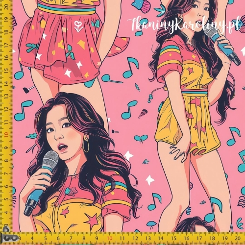 TKANINA WODOODPORNA OXFORD K-POP Dziewczyny, sylwetki z mikrofonami na różowym tle z nutami