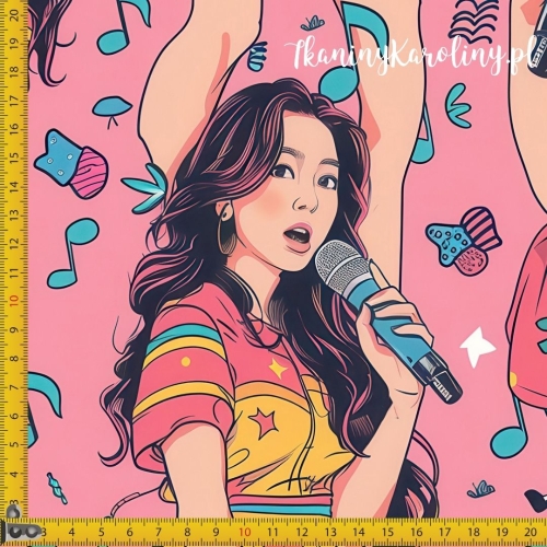 WELUR TAPICERSKI K-POP Dziewczyny, sylwetki z mikrofonami na różowym tle z nutami