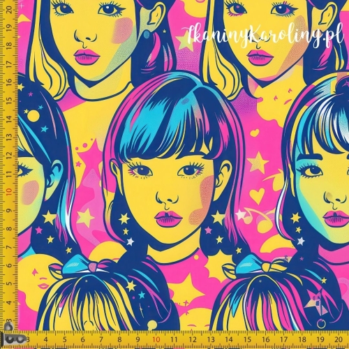 TKANINA WODOODPORNA OXFORD K-POP Dziewczyny, żółte gwiazdki, plamy i nutki na różowym tle
