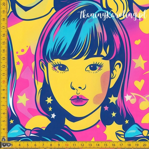 WELUR TAPICERSKI K-POP Dziewczyny, żółte gwiazdki, plamy i nutki na różowym tle