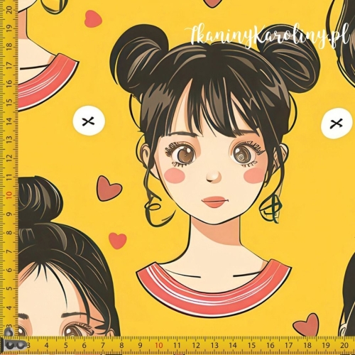 WELUR TAPICERSKI K-POP Dziewczyny z koczkami i kucykami na żółtym tle, serduszka