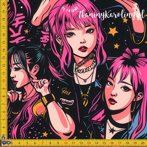 TKANINA WODOODPORNA OXFORD K-POP Dziewczyny, różowo-niebieskie i żółte włosy z gwiazdkami na czarnym tle