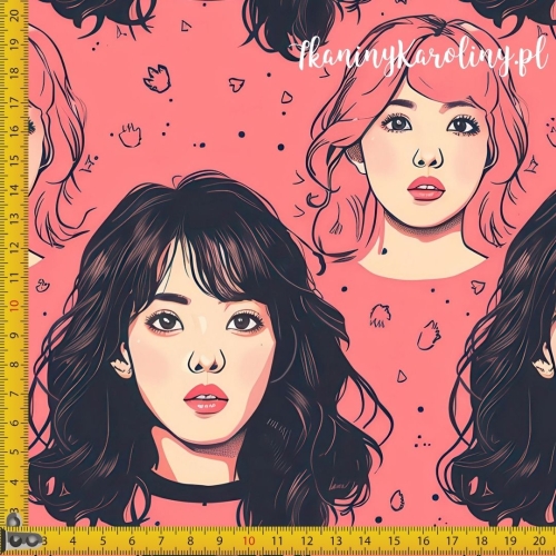 TKANINA WODOODPORNA OXFORD K-POP Dziewczyny twarze na koralowym tle