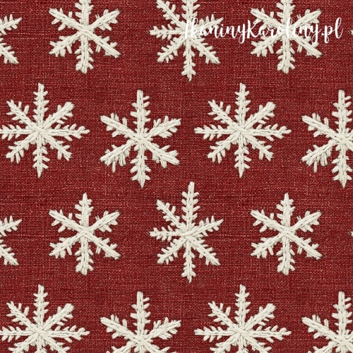 SOFTSHELL WODOODPORNY Wzory świąteczne, imitacja juty - płatki śniegu na czerwieni (gęsty wzór) [6-8]