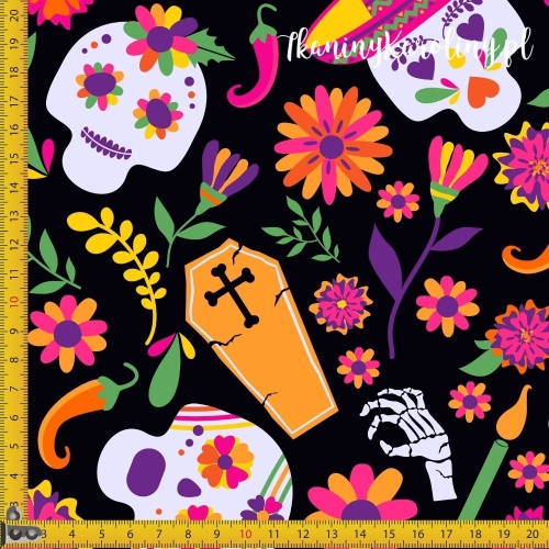 TKANINA WODOODPORNA OXFORD Halloween, Día de los Muertos - czaszki w kapeluszach i bez, papryczki, trumny, kwiaty na czarnym tle