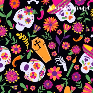SOFTSHELL WODOODPORNY  Halloween, Día de los Muertos - czaszki w kapeluszach i bez, papryczki, trumny, kwiaty na czarnym tle [6-8]