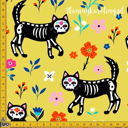 TKANINA WODOODPORNA OXFORD Halloween, Día de los Muertos - kocie szkielety na żółtym w kwiatach [6-8]