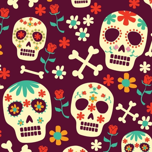 TKANINA WODOODPORNA OXFORD Halloween, Día de los Muertos - czaszki w kwiatach, róże, skrzyżowane piszczele na brązie [6-8]