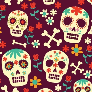 SOFTSHELL WODOODPORNY Halloween, Día de los Muertos - czaszki w kwiatach, róże, skrzyżowane piszczele na brązie [6-8]