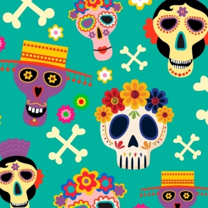 SOFTSHELL WODOODPORNY Halloween, Día de los Muertos - czaszki w kwiatach, skrzyżowane piszczele na turkusie [6-8]