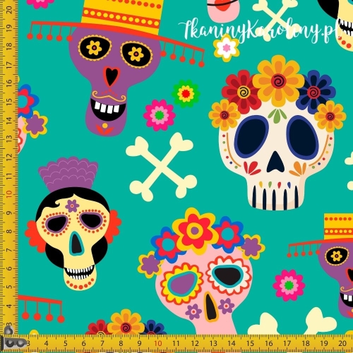 SOFTSHELL WODOODPORNY Halloween, Día de los Muertos - czaszki w kwiatach, skrzyżowane piszczele na turkusie