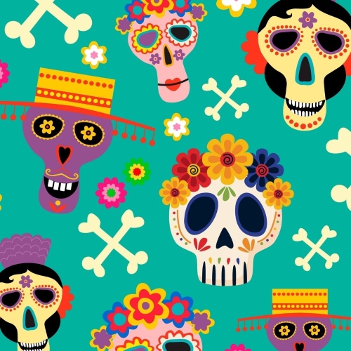TKANINA WODOODPORNA OXFORD Halloween, Día de los Muertos - czaszki w kwiatach, skrzyżowane piszczele na turkusie