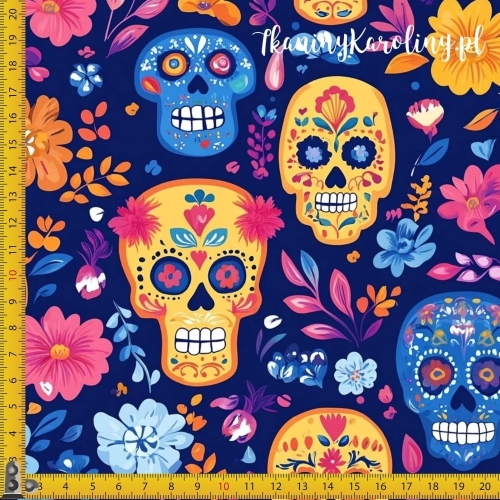 TKANINA WODOODPORNA OXFORD Halloween, Día de los Muertos - czaszki w różowych i niebieskich kwiatach na ciemnym granacie