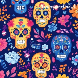 WELUR TAPICERSKI Halloween, Día de los Muertos - czaszki w różowych i niebieskich kwiatach na ciemnym granacie [6-8]