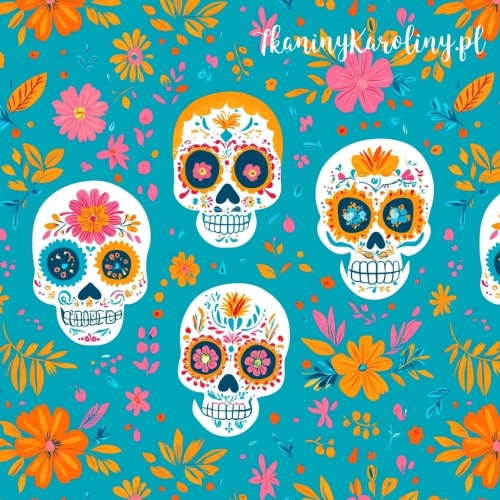 WELUR TAPICERSKI Halloween, Día de los Muertos - białe czaszki na turkusie, żółte i różowe kwiaty