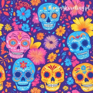 TKANINA WODOODPORNA OXFORD Halloween, Día de los Muertos - żółte, niebieskie i różowe czaszki w kwiatach na ciemnym fiolecie [6-8]