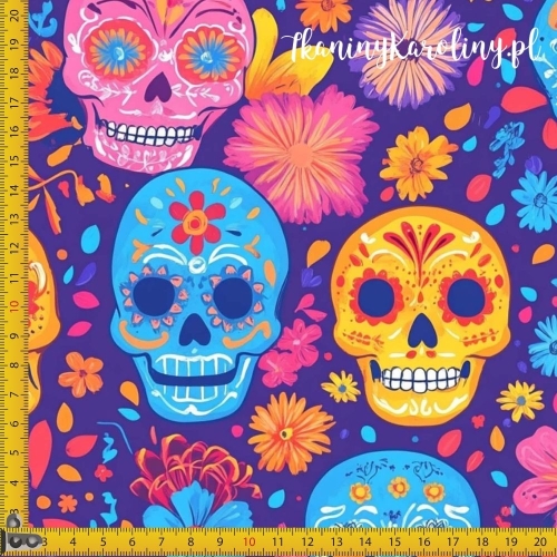 TKANINA WODOODPORNA OXFORD Halloween, Día de los Muertos - żółte, niebieskie i różowe czaszki w kwiatach na ciemnym fiolecie