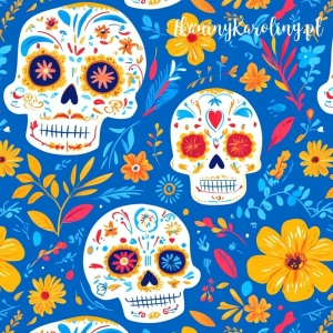 SOFTSHELL WODOODPORNY Halloween, Día de los Muertos - białe czaszki, żółte i pomarańczowe kwiaty na niebieskim tle [6-8]