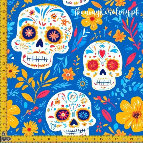 SOFTSHELL WODOODPORNY Halloween, Día de los Muertos - białe czaszki, żółte i pomarańczowe kwiaty na niebieskim tle