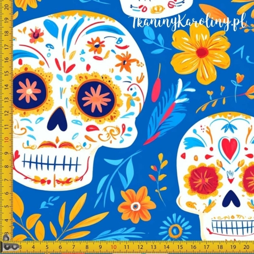 WELUR TAPICERSKI Halloween, Día de los Muertos - białe czaszki, żółte i pomarańczowe kwiaty na niebieskim tle
