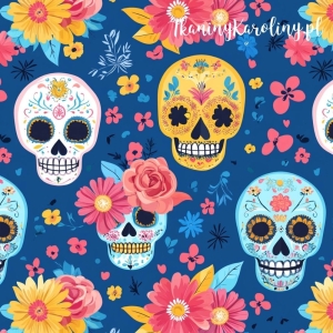 TKANINA WODOODPORNA OXFORD Halloween, Día de los Muertos - białe, niebieskie i żółte czaszki, różowe i żółte kwiaty na granacie [6-8]