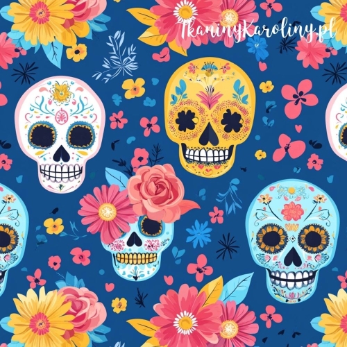 TKANINA WODOODPORNA OXFORD Halloween, Día de los Muertos - białe, niebieskie i żółte czaszki, różowe i żółte kwiaty na granacie [6-8]