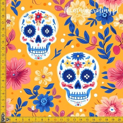 TKANINA WODOODPORNA OXFORD Halloween, Día de los Muertos - białe czaszki w kwiatach i kropki na pomarańczowym tle
