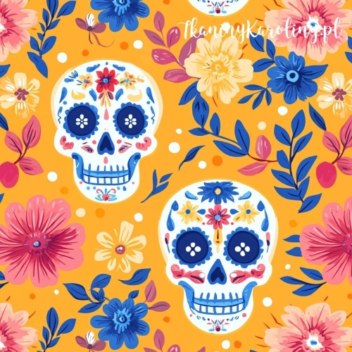 WELUR TAPICERSKI Halloween, Día de los Muertos - białe czaszki w kwiatach i kropki na pomarańczowym tle