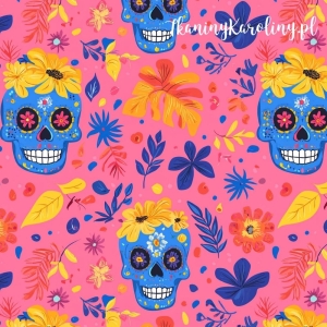 SOFTSHELL WODOODPORNY  Halloween, Día de los Muertos - granatowe czaszki na ciemnoróżowym tle w liściach i kwiaty [6-8]
