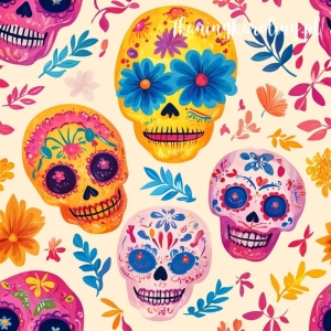 SOFTSHELL WODOODPORNY Halloween, Día de los Muertos - różowe i pomarańczowe czaszki, niebieskie kwiaty zamiast oczu na kremowym tle [6-8]