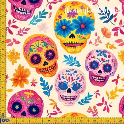 SOFTSHELL WODOODPORNY Halloween, Día de los Muertos - różowe i pomarańczowe czaszki, niebieskie kwiaty zamiast oczu na kremowym tle