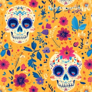 TKANINA WODOODPORNA OXFORD Halloween, Día de los Muertos - kremowe czaszki w czerwonym kwiatach na pomarańczowym tle [6-8]