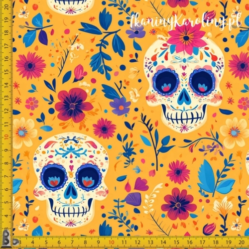 TKANINA WODOODPORNA OXFORD Halloween, Día de los Muertos - kremowe czaszki w czerwonym kwiatach na pomarańczowym tle