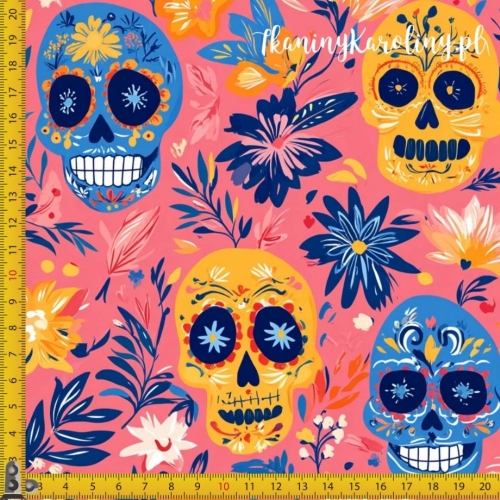 TKANINA WODOODPORNA OXFORD Halloween, Día de los Muertos - żółte i niebieskie czaszki i kwiaty na różowym tle