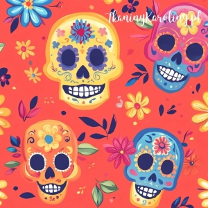 SOFTSHELL WODOODPORNY Halloween, Día de los Muertos -błękitne, żółte, różowe i pomarańczowe czaszki na ciemnym pomarańczu [6-8]