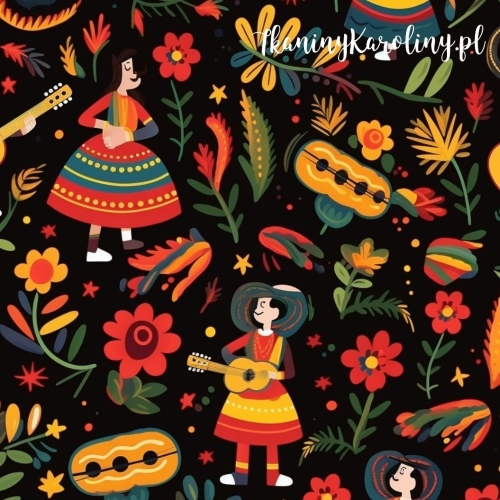 SOFTSHELL WODOODPORNY Halloween, Día de los Muertos - Mariachi na czarnym tle w kwiatach [6-8]