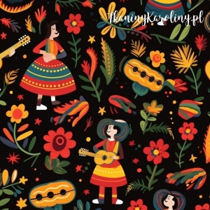 TKANINA WODOODPORNA OXFORD Halloween, Día de los Muertos - Mariachi na czarnym tle w kwiatach [6-8]