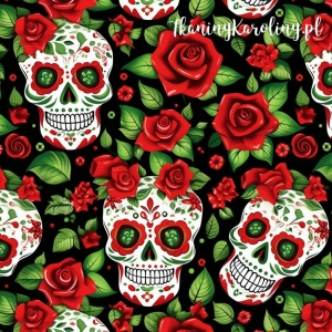 SOFTSHELL WODOODPORNY Halloween, Día de los Muertos - białe czaszki w czerwonych różach na czarnym tle [6-8] 