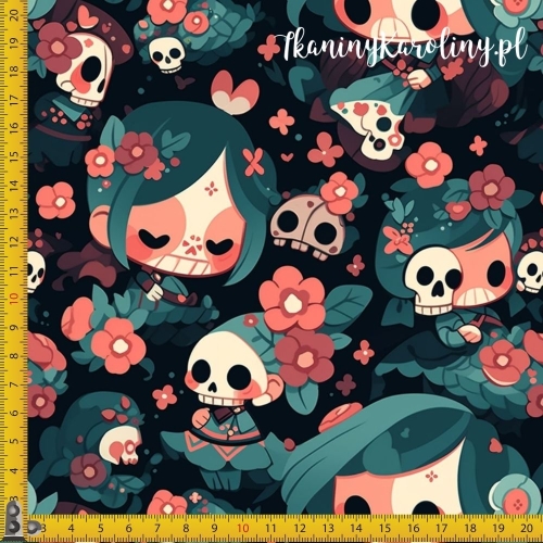 SOFTSHELL WODOODPORNY Halloween, Día de los Muertos - laleczki i czaszki w kwiatach na ciemnym tle