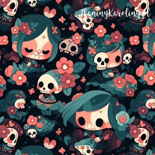 TKANINA WODOODPORNA OXFORD Halloween, Día de los Muertos - laleczki i czaszki w kwiatach na ciemnym tle [6-8]