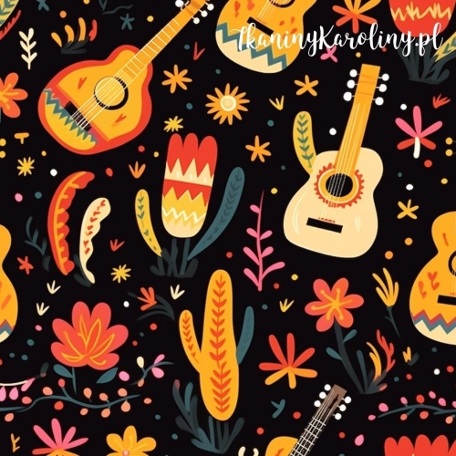SOFTSHELL WODOODPORNY Halloween, Día de los Muertos - gitary, kwiaty i kaktusy na czarnym tle