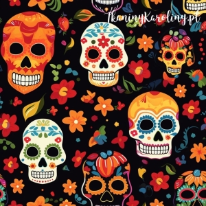 TKANINA WODOODPORNA OXFORD Halloween, Día de los Muertos - czarne, pomarańczowe i białe czaszki w kwiatach na czarnym tle [6-8]