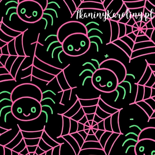 Panel wodoodporny, Neon Halloween - różowe pajęczyny i pająki na czarnym tle 50x50cm