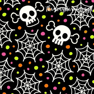 Panel wodoodporny, Neon Halloween - czaszki, białe pajęczyny i kolorowe kropki na czarnym tle 50x50cm [6-8]