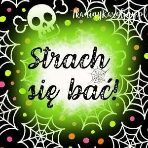 Panel welurowy, Neon Halloween - czaszki, białe pajęczyny i kolorowe kropki na czarnym tle (napis) [6-8]