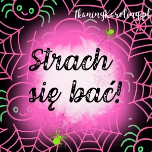 Panel welurowy, Neon Halloween - różowe pajęczyny i pająki na czarnym tle (napis) [6-8] 